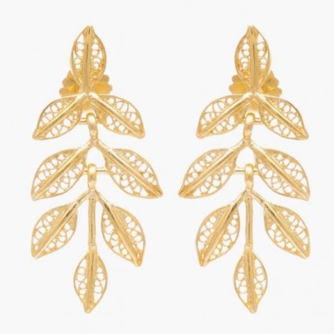 Portugal Jewels - Earrings Filigree Leaves 3.5cm in Gold Plated Silver