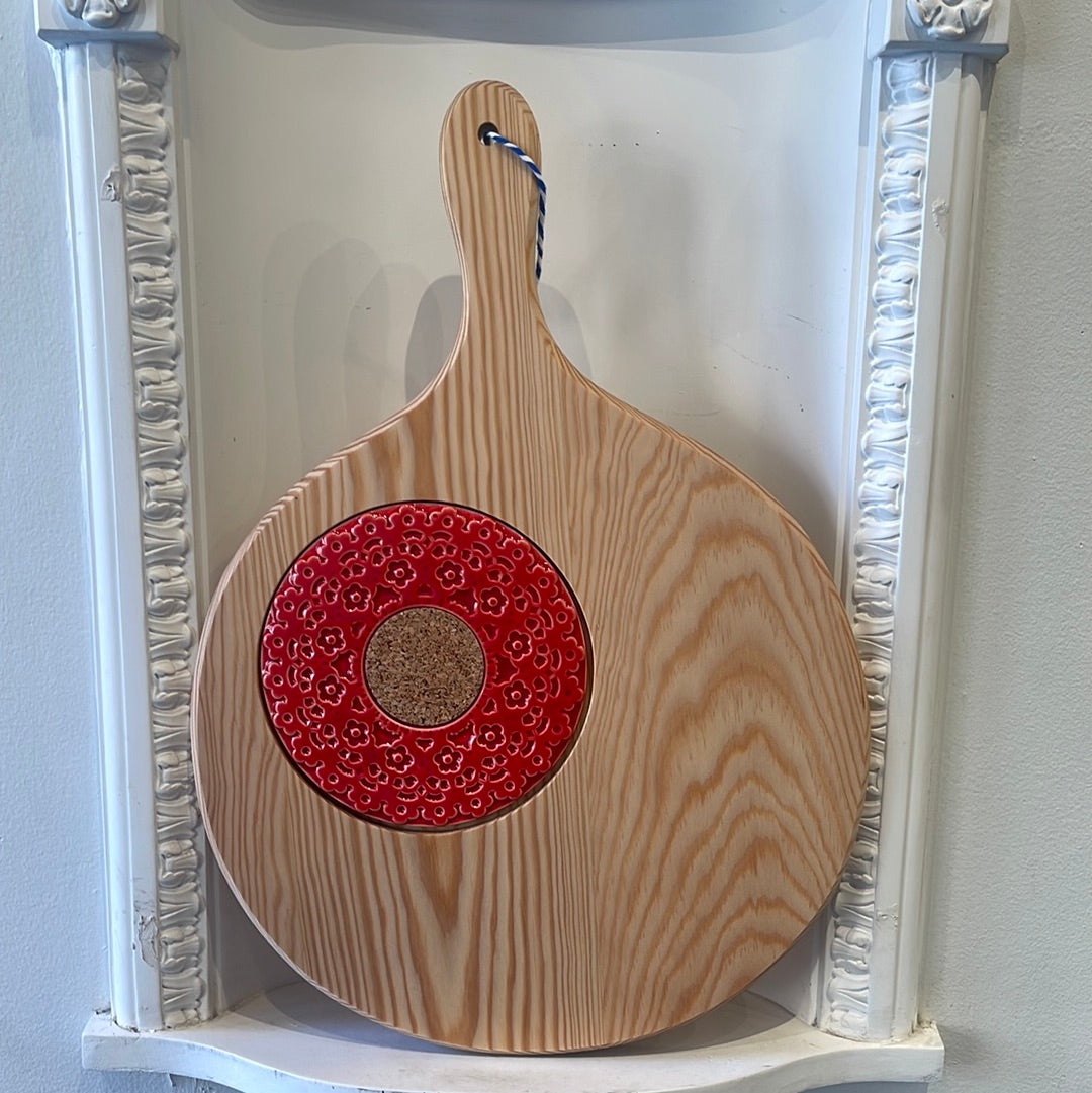 Round Wood Serving Board - Ceramic Lace with Cork insert - Various Colours