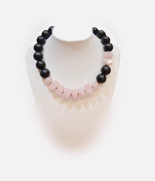 Iberina Design - necklace - ebonized wood and pink quartz