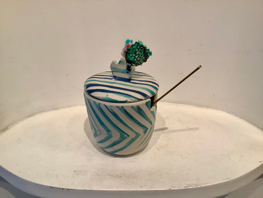 Anna Westerlund - Blue Stripe Sugar Pot with Gold Spoon