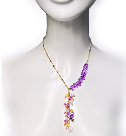Iberina Design - necklace - amethyst, freshwater pearls and yellow opal