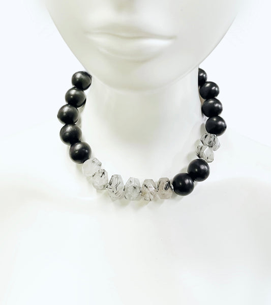 Iberina Design - necklace - ebonized wood and rutilated quartz