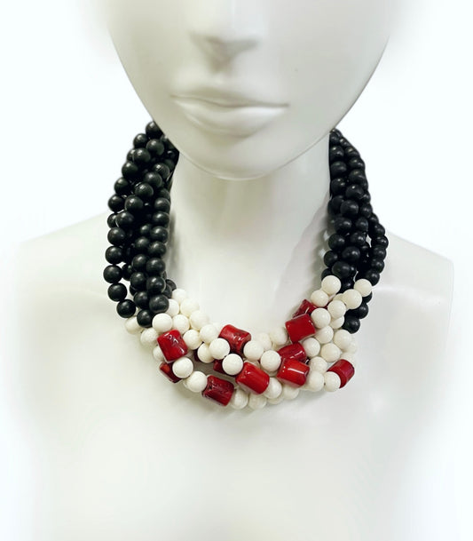 Iberina Design - necklace - ebonized wood, red/white coral and stainless