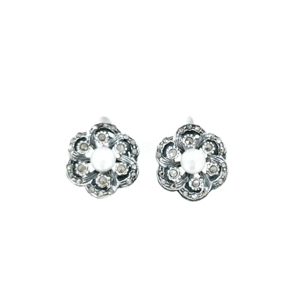 Portugal Jewels - Earrings Flower with Marcasites and Pearl in Silver