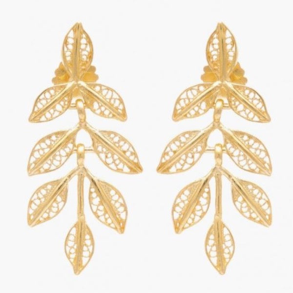 Portugal Jewels - Earrings Filigree Leaves 3.5cm in Gold Plated Silver