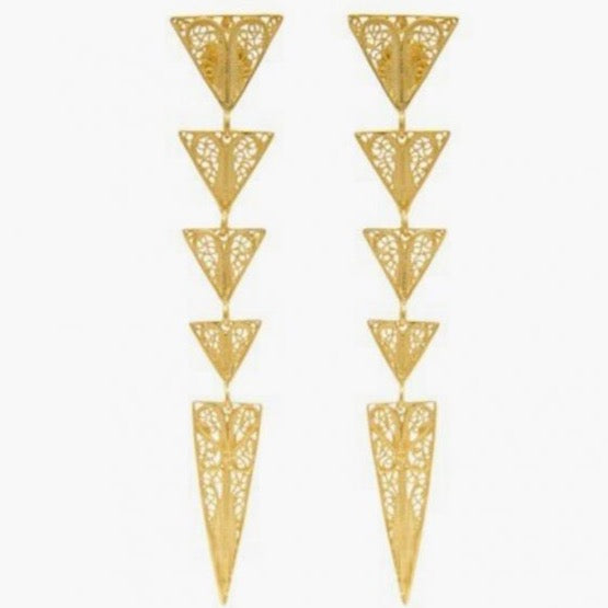 Portugal Jewels - Earrings 7cm Triangles Filigree in Gold Plated Silver