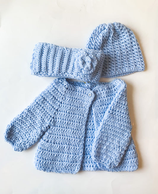 byBranca - Blue Crochet Sweater, Hat, & Scarf Set - 6-12 Months