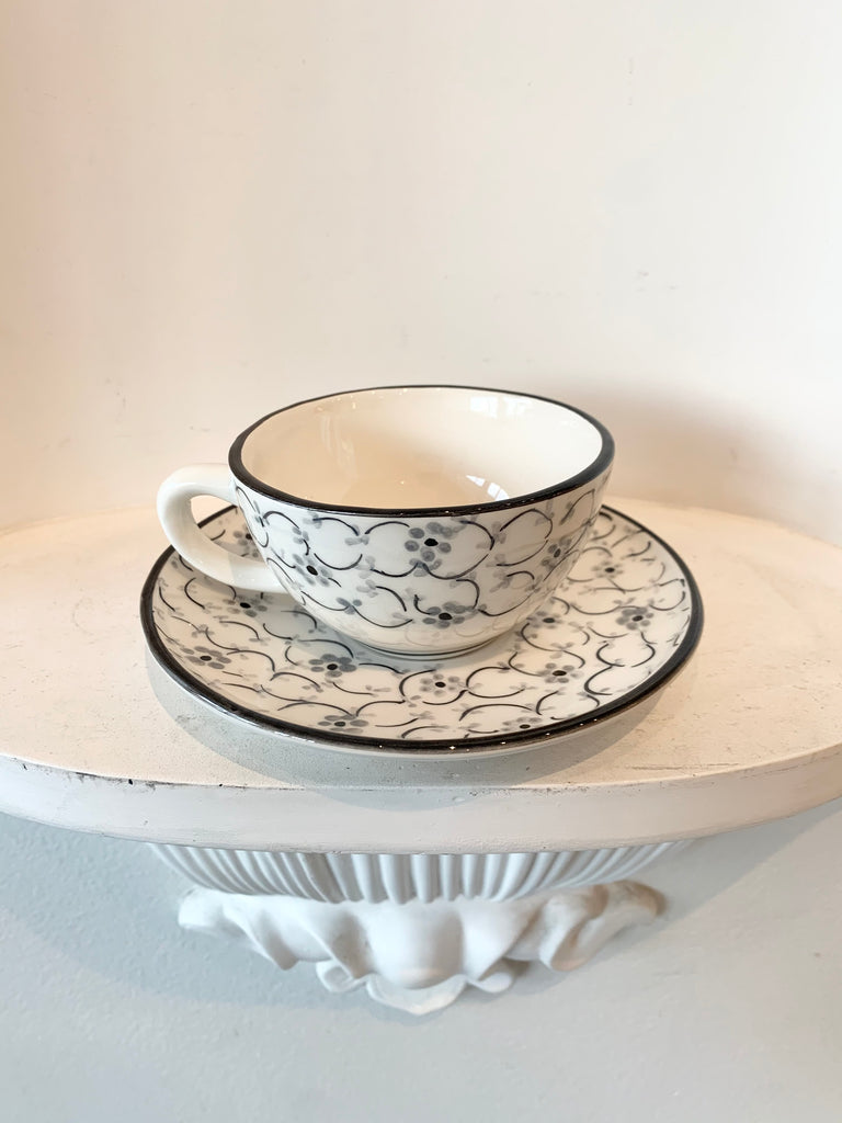 OF ceramics - Vintage Grey Floral - Tea Cup & Saucer