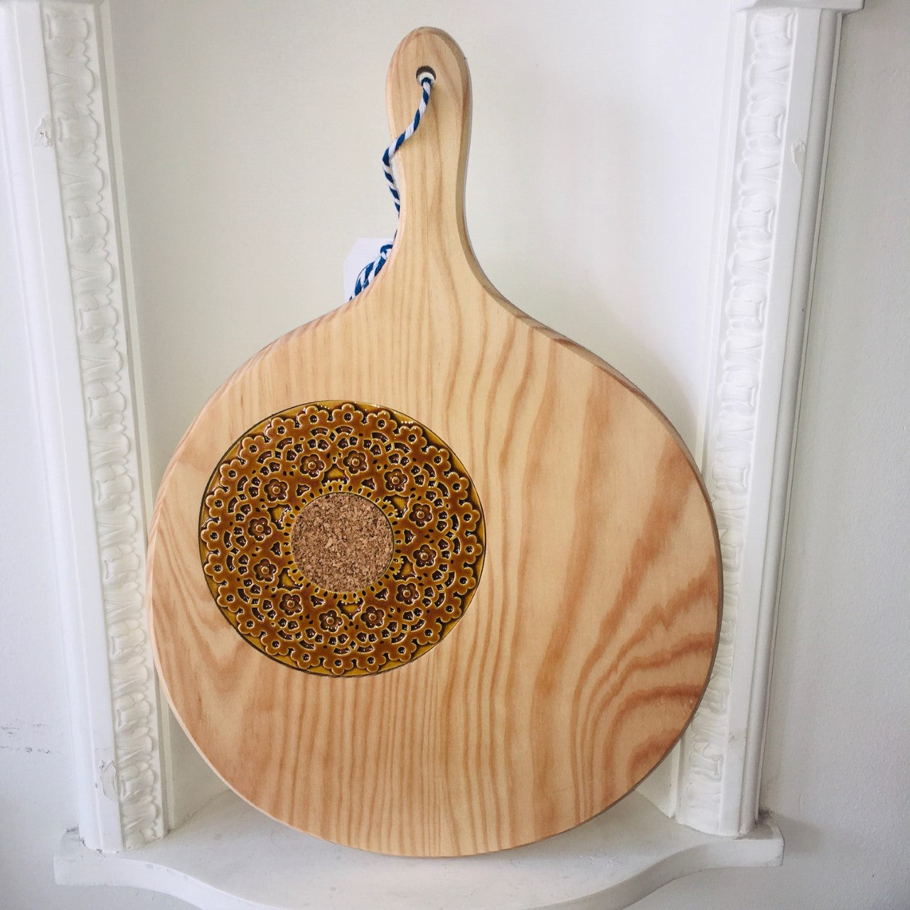 Round Wood Serving Board - Ceramic Lace with Cork insert - Various Colours