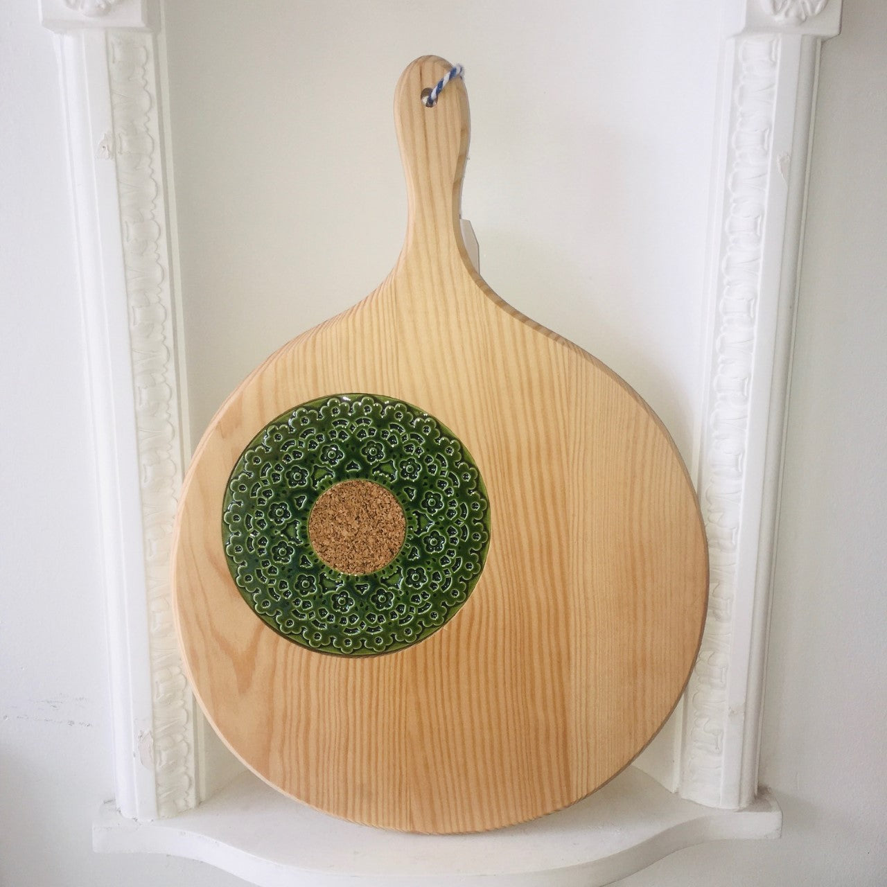 Round Wood Serving Board - Ceramic Lace with Cork insert - Various Colours